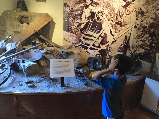 Enzo can't believe the amazing Mt Baldy visitor center gold mining display. 