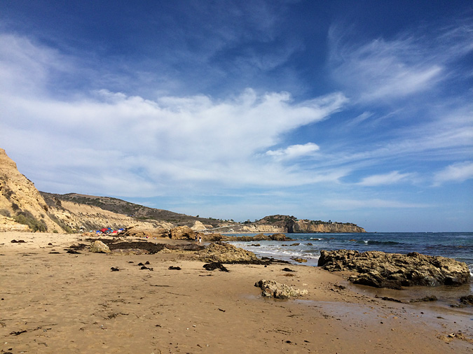 Crystal Cove State Park beach. Looking south from the tide pools toward the cliffs.